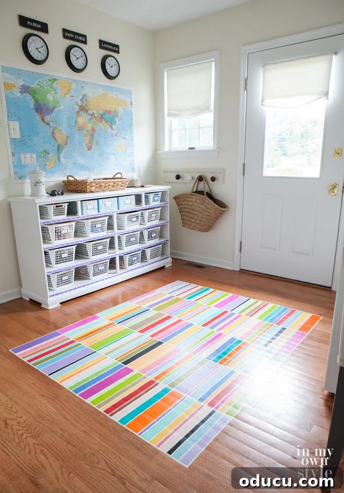 Hardwood Floor Rug Illusion 2 Finished Mudroom Floor with DIY Painted Striped Rug Design