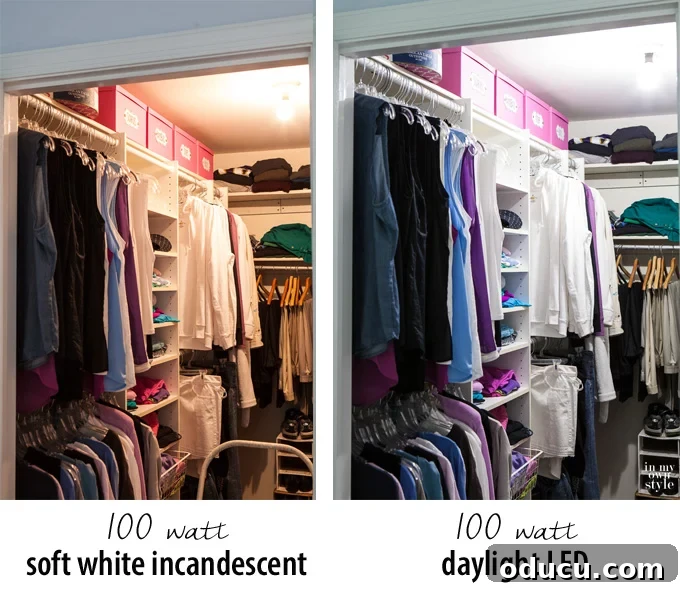 Choosing the Best LED Lighting for Your Closet 2 Before and after comparison showing the dramatic difference a new lightbulb makes in a clothes closet, revealing true colors