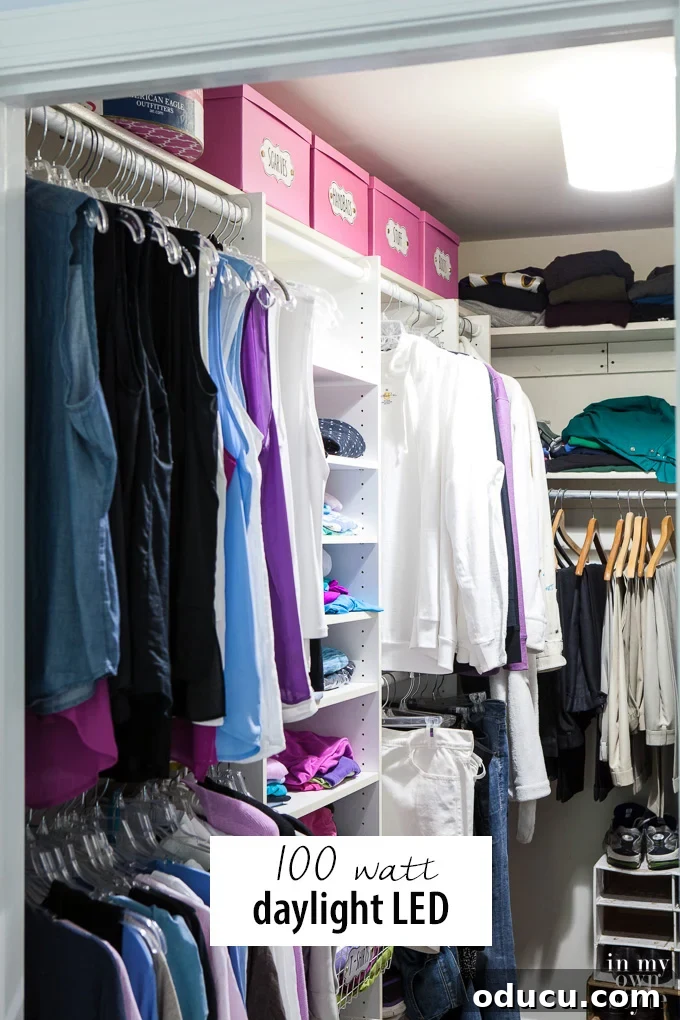 Choosing the Best LED Lighting for Your Closet 4 Creative closet lighting solution using a 100-watt daylight Cree LED bulb with an inverted lampshade for diffused light and ventilation