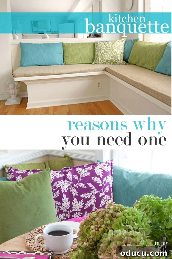 Craft Your Custom Kitchen Banquette 7 Image featuring a finished kitchen banquette with the text 'Reasons Why You Need One' overlayed, highlighting its benefits for kitchen decor and space-saving.