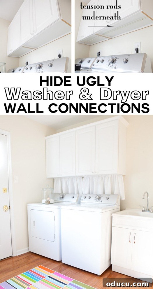 Our Mudroom Transformation with True Value 13 Pinterest pin showing how to hide unsightly washer and dryer wall connections in a laundry room for a cleaner look