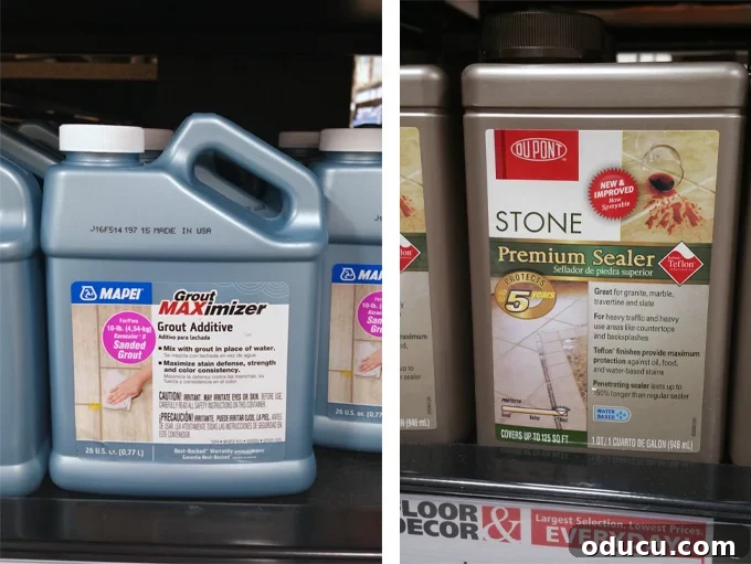 Luxury Master Shower Transformation 15 Two bottles of essential supplies for stone tile maintenance: a high-quality stone sealer and a grout additive, crucial for durability in wet areas.