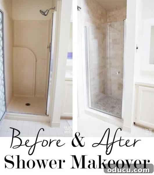 Luxury Master Shower Transformation 18 Image graphic showing two side-by-side images comparing the shower's appearance before and after the stunning makeover, highlighting the dramatic transformation.