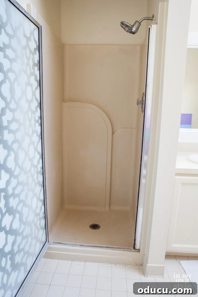 Luxury Master Shower Transformation 3 Old stall shower before makeover. It features a dated molded plastic interior and a shower door with a white patterned design.