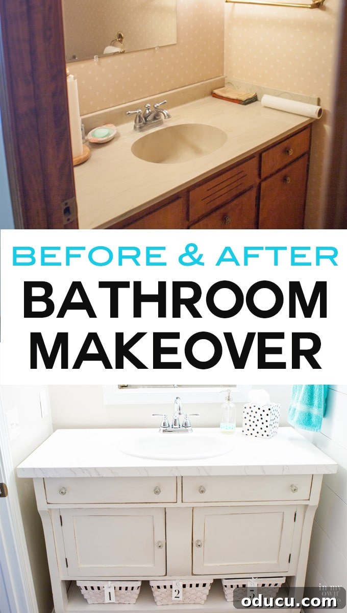 Luxury Master Shower Transformation 21 Another successful before and after bathroom makeover achieved on a small budget. Highlights include new flooring, sink, toilet, and an ingenious repurposing of a piece of furniture into a chic sink vanity.