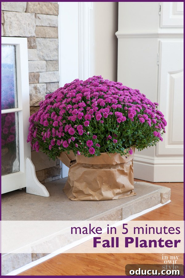 Quick & Chic Brown Paper Bag Vase 6 Mums in brown paper planter on hearth, showcasing elegant fall decor