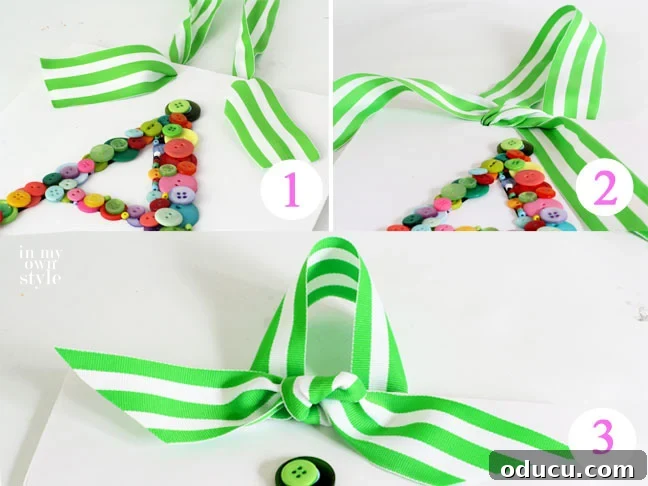 Create Custom Button Letter Wall Art 13 Four-step visual guide demonstrating how to tie a ribbon into a hanging bow for button letter art.