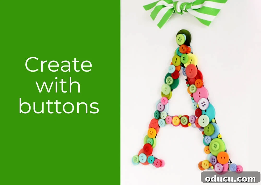 Create Custom Button Letter Wall Art 2 A beautifully crafted layered letter 'A' made from colorful vintage buttons, ready to hang on a wall.