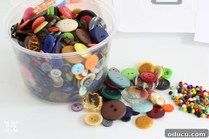 Create Custom Button Letter Wall Art 3 A close-up of various button craft ideas, highlighting the texture and color diversity of buttons.