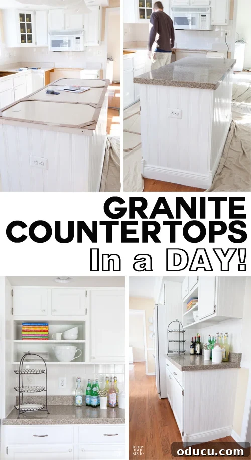 Kitchen Counter Glow-Up 7 If you like the look of granite, but not the cost and or time it takes to install it, check out this post to see how granite, quartz, or glass countertops can be installed with little or no kitchen downtime. | In My Own Style
