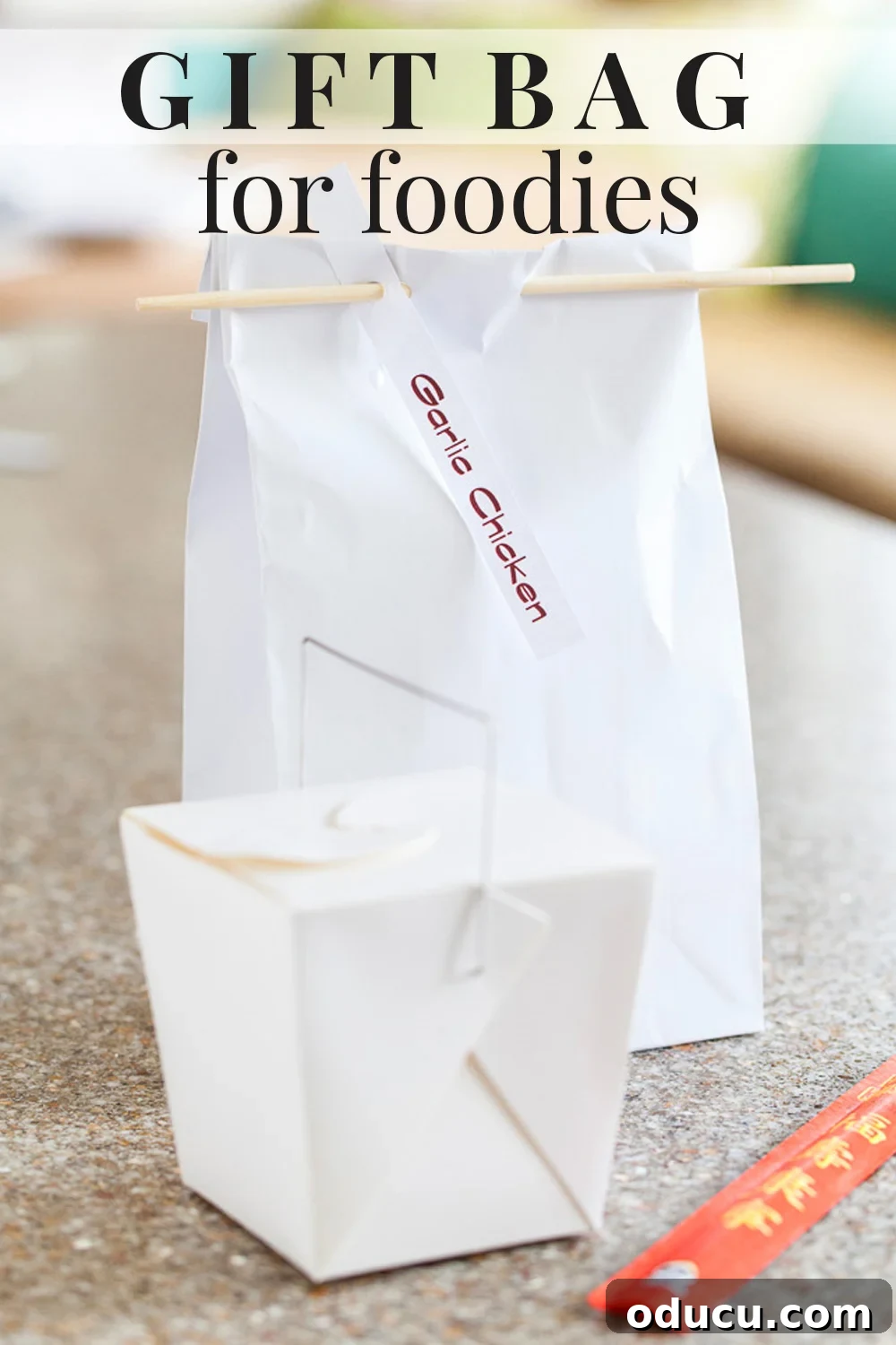 Hosting with Heart: Gourmet Giveaways & Leftover Love 11 Image of a Chinese take out box and a white lunch bag with a chop stick closure on it. Gift Bag for foodies