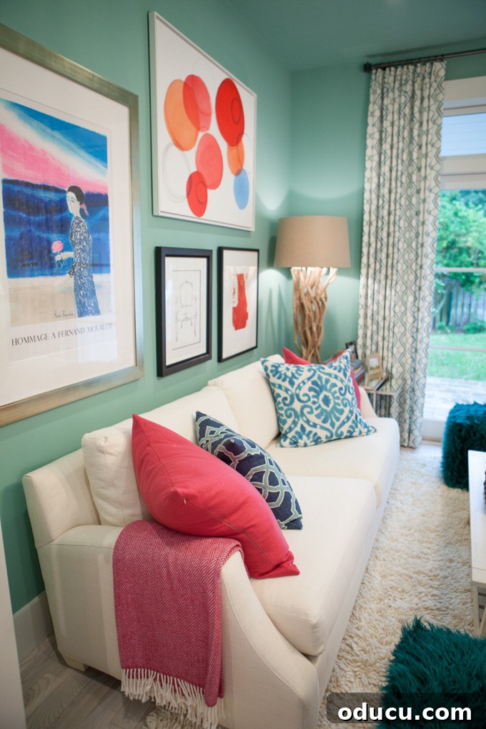 Step Inside the HGTV Dream Home 2016 13 The vibrant and cozy media room in the 2016 HGTV Dream Home, filled with colorful textures and custom art.