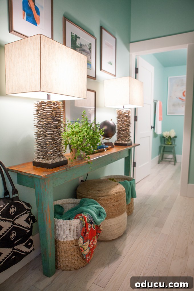 Step Inside the HGTV Dream Home 2016 14 The stylish mudroom of the HGTV Dream Home 2016, featuring Glidden paint in Opal Silk Green and practical storage solutions.