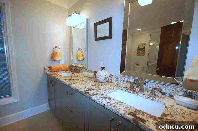 A Glimpse Inside My Brand New Home 18 Master bath with a grey vanity, granite countertop, and mirror.