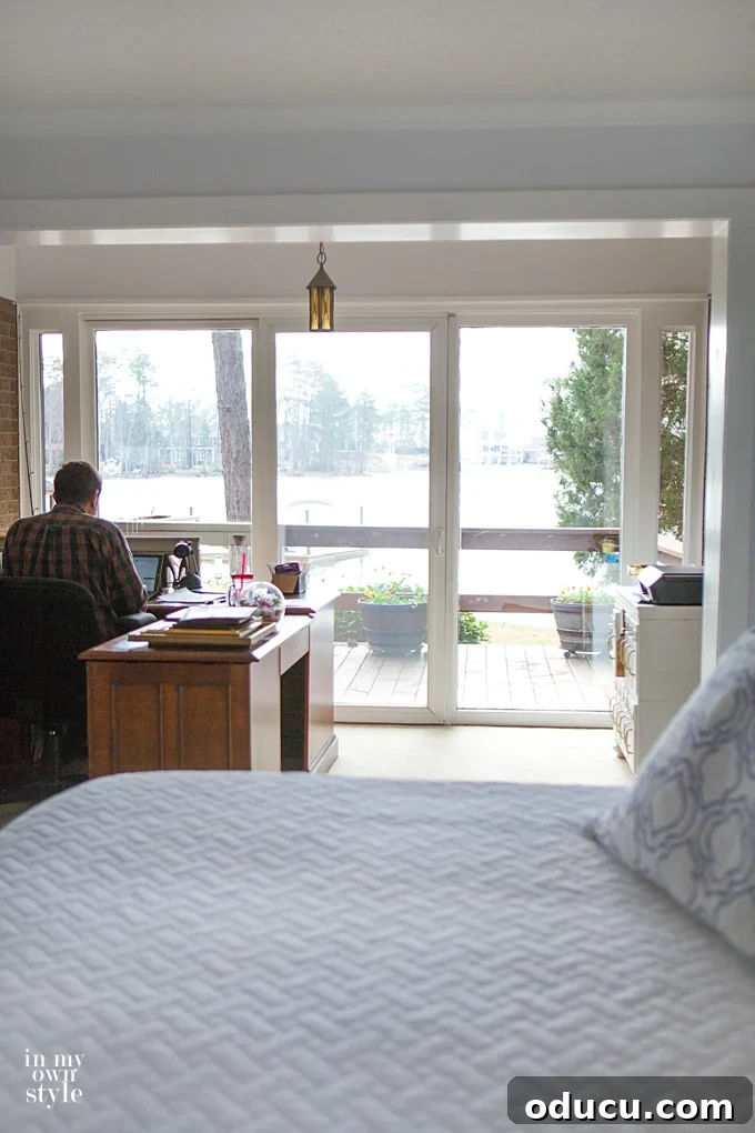 Serene Blue and White Bedroom Color Schemes 8 Lake House Bedroom View from Sliding Doors