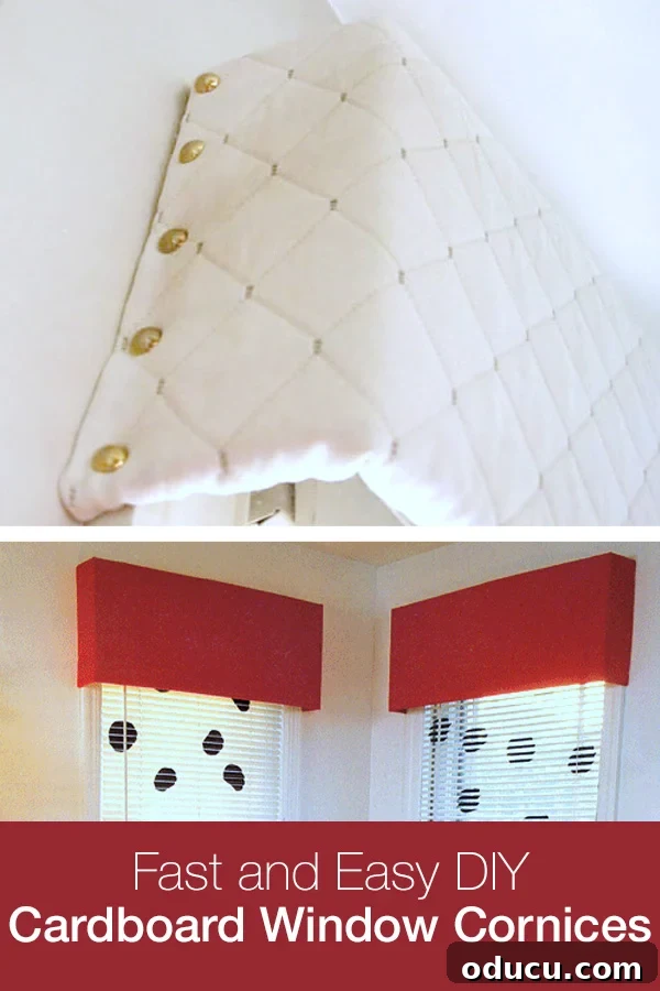 Upcycled Cardboard Window Valance 4 Window cornices made using cardboard and fabric - Budget Home Decor DIY