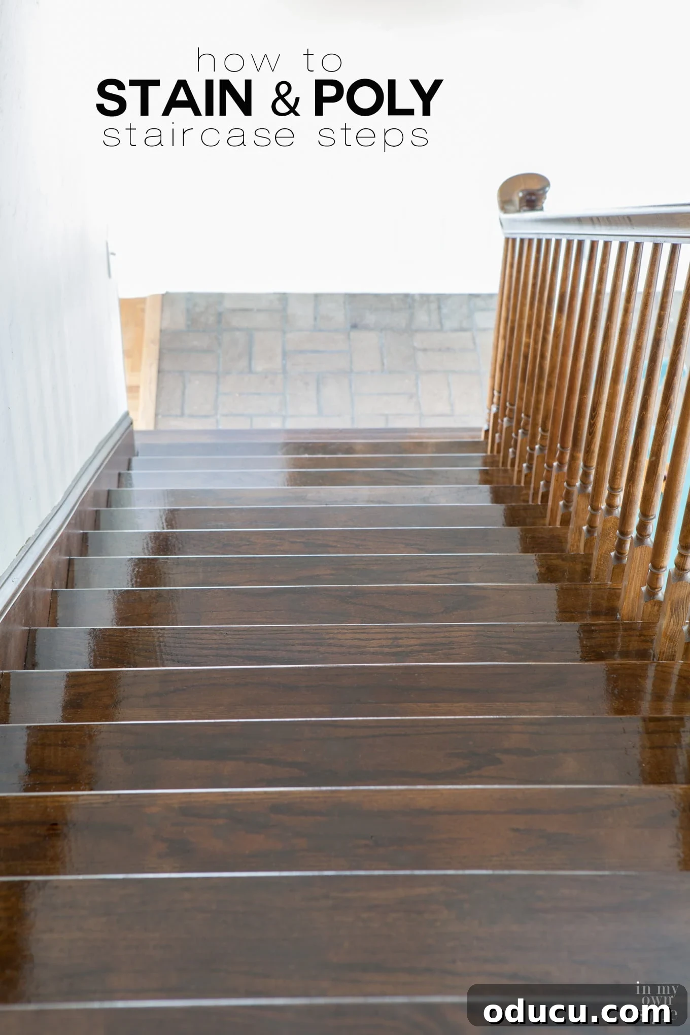 Staircase Style: The Staining Guide 2 DIY staircase renovation: How to stain and polyurethane wooden steps for a stunning home transformation. Foyer makeover ideas.