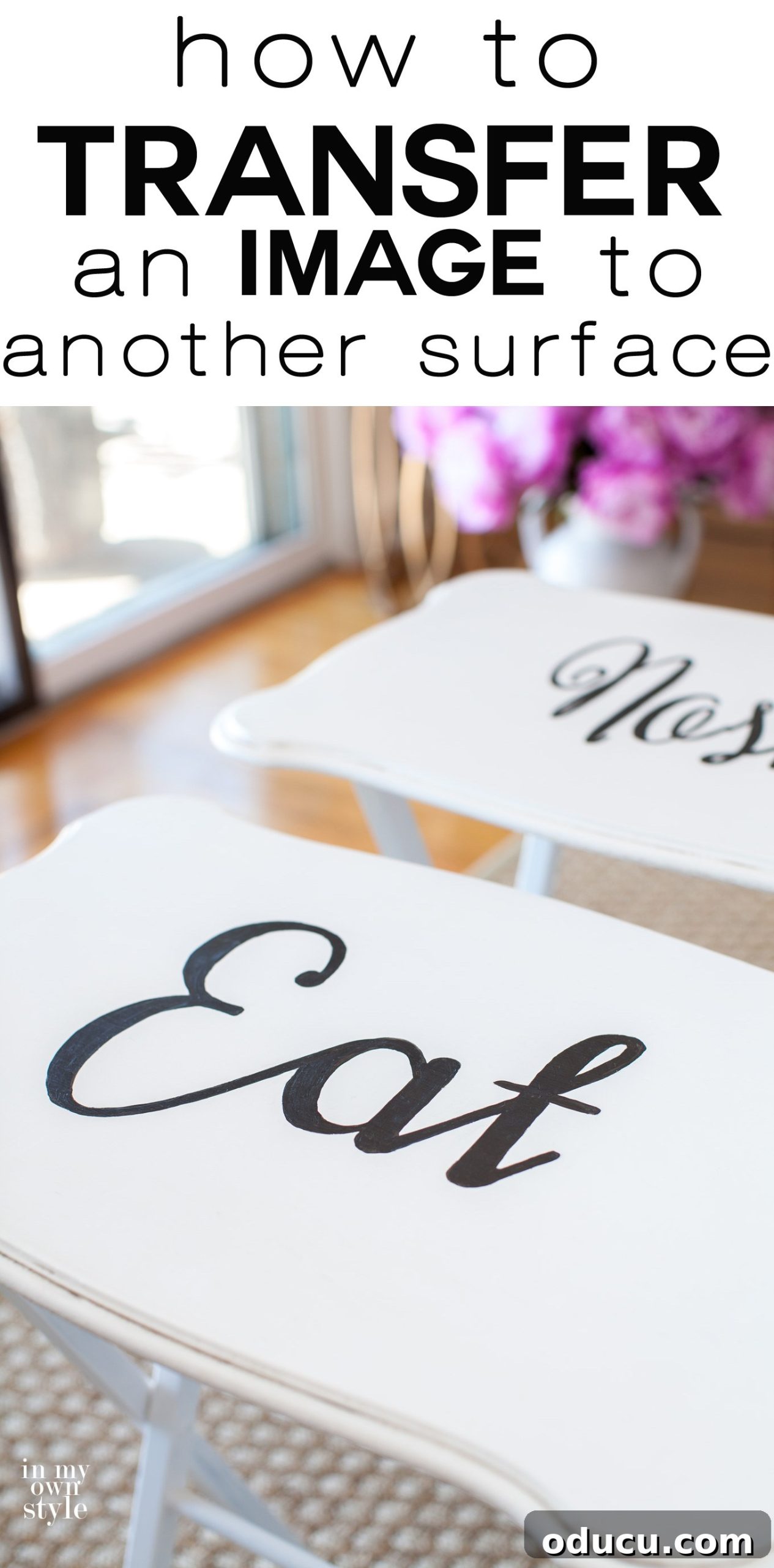 Personalize Wood Furniture with Text Transfers 18 Painted wood furniture makeover. Click to see what you can use from your kitchen to transfer typography or images to furniture and more. It is simple and an easy way to add personality to your furniture makeovers. | In My Own Style