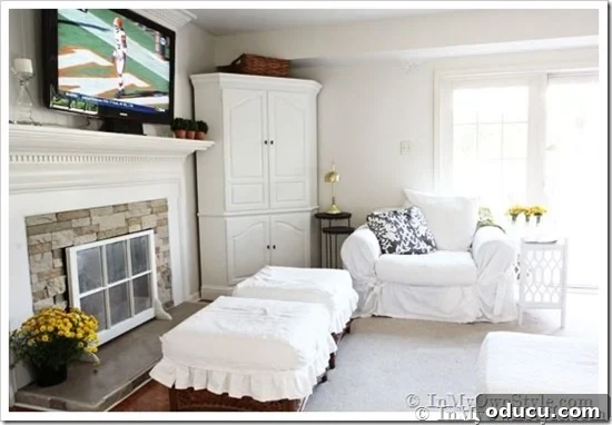 Sew Your Own Pleated Ottoman Slipcover 2 Two white slipcovered ottomans in a white decorated family room.