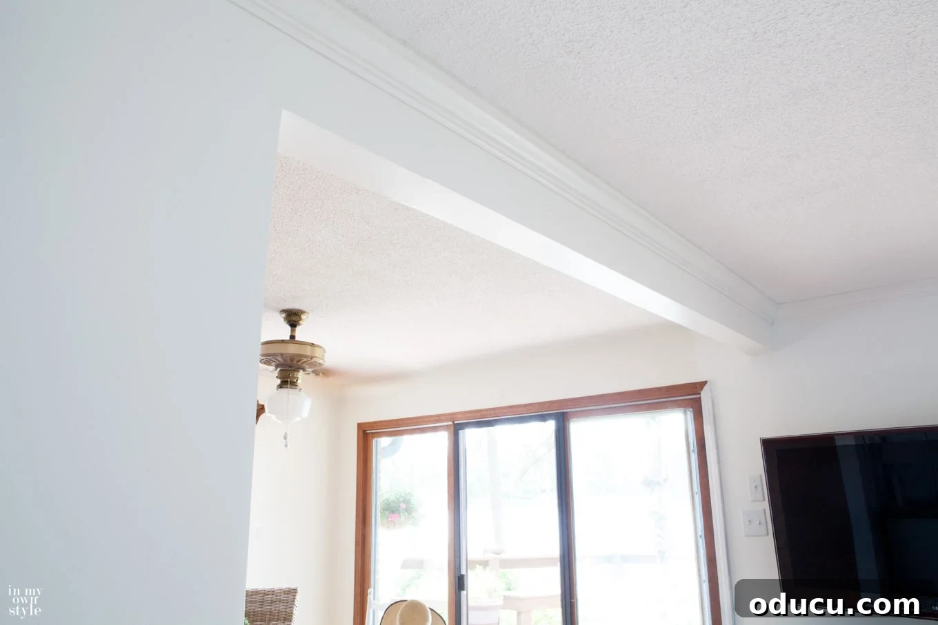 Your Open Dream Awaits 3 Sheetrock and crown molding added to the newly installed ceiling beam