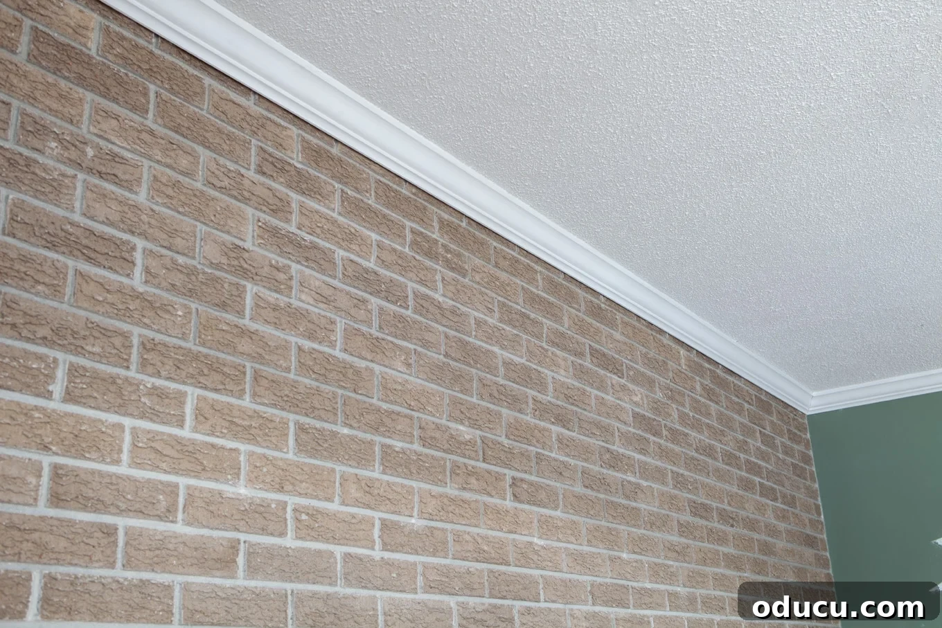 Elevated Vertical Plank Walls 6 How to cover a brick wall with plank paneling, starting with crown molding removal