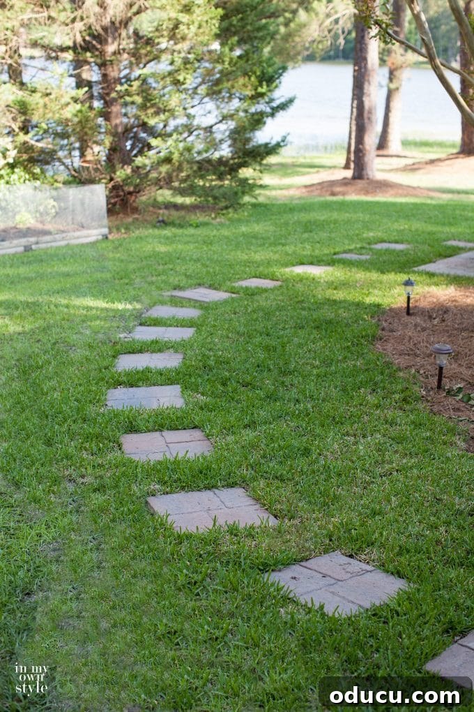 Charming Paver Paths Made Easy 6 How to make a stone paver walkway with embedded pavers for easy mowing