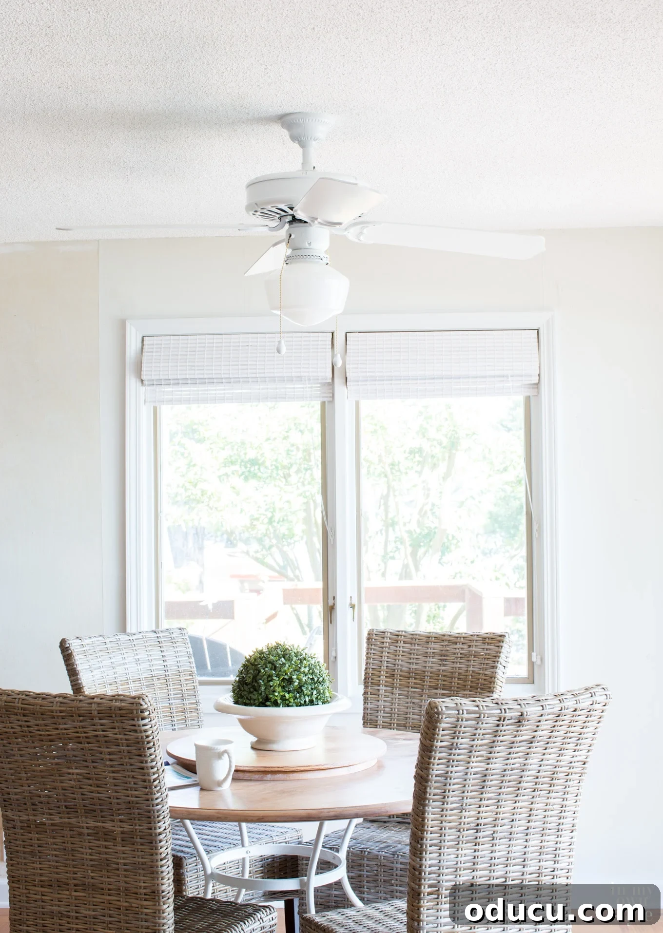 Paint Your Ceiling Fan In-Place 11 Step-by-step tutorial photos of painting a ceiling fan in a dining area, before and after