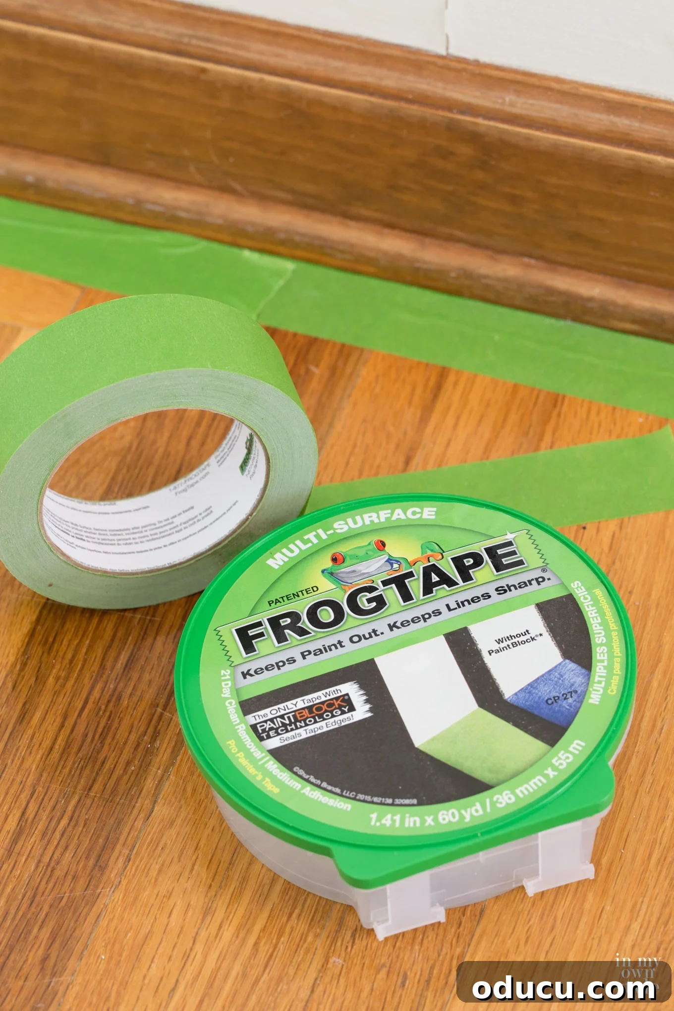 FrogTape used for precise lines when painting stained trim