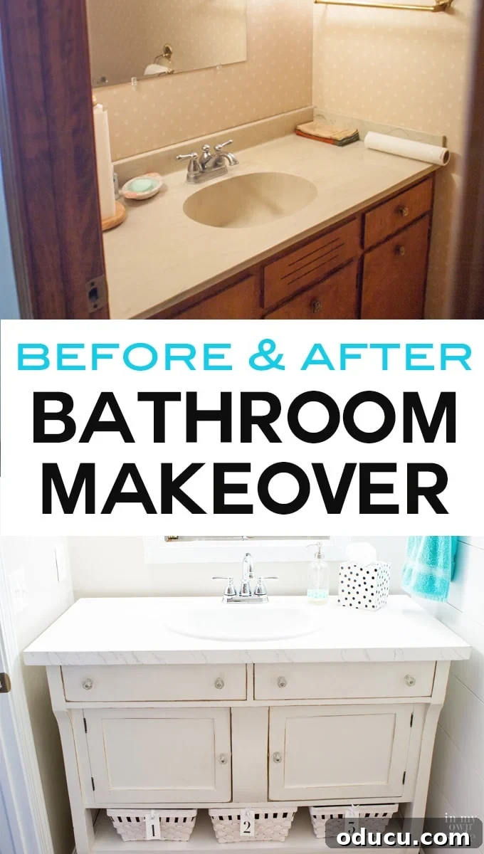 Before and after bathroom makeover done on a small budget. New flooring, sink, toilet and more. The real money saver was repurposing a piece of furniture into a stylish and chic sink vanity.