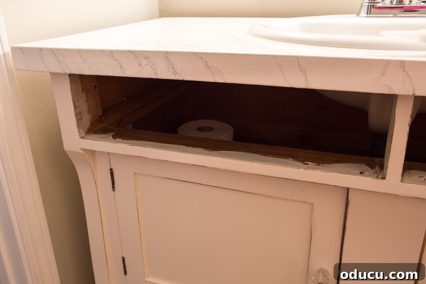Transforming a Sideboard into a Bathroom Vanity 14 Completed plumbing connections underneath the DIY bathroom vanity