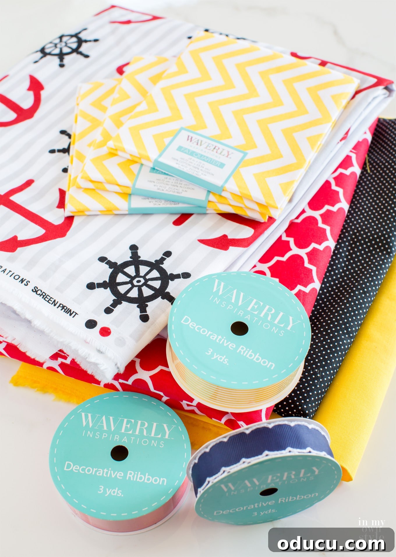 Quick Stitch-Free Round Outdoor Tablecloth 2 Waverly-Inspirations-fabric-and-ribbon-from-Walmart
