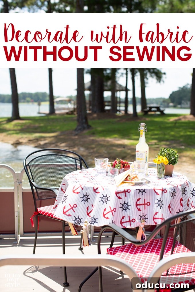 Quick Stitch-Free Round Outdoor Tablecloth 19 How to decorate with fabric without sewing a stitch! Super easy techniques that will have you making no sew decorative fabric treatments for all the rooms in your house. From seat cushions , tablecloths and more.