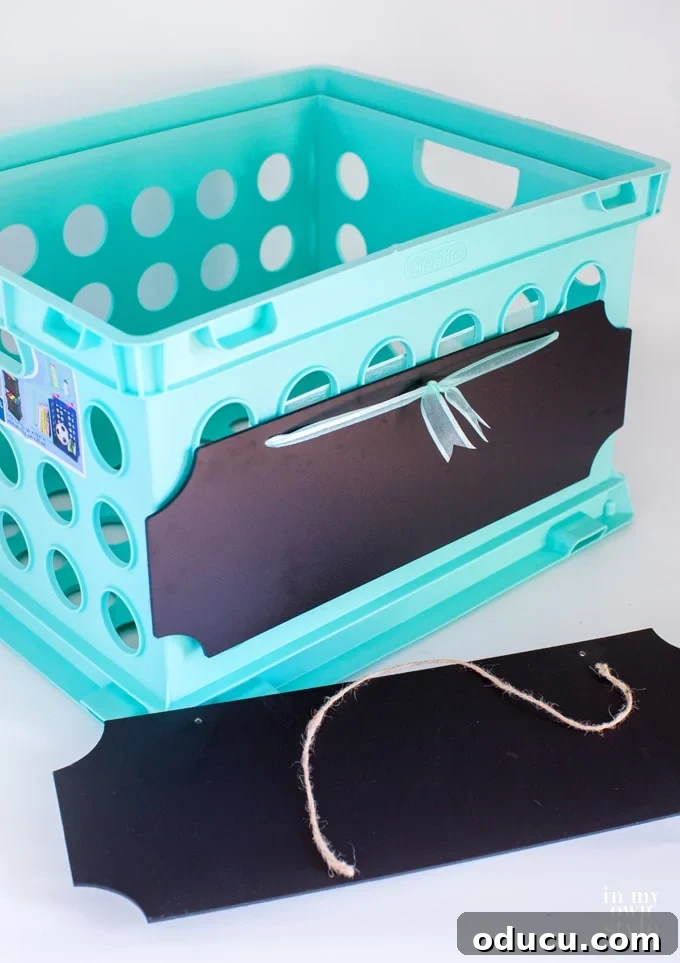 labels for organizing storage crates or milk crates using chalkboard signs and ribbon