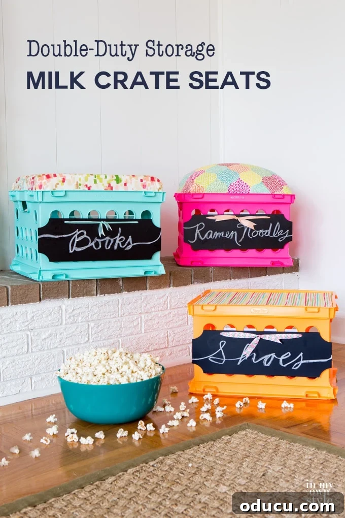 Double duty storage crate seats for dorm rooms. Using fabric and paint you can style up dorm rooms, classrooms, kids rooms and more using these milk crate storage crates. Step-by-step photo tutorial shows you how. Easy DIY