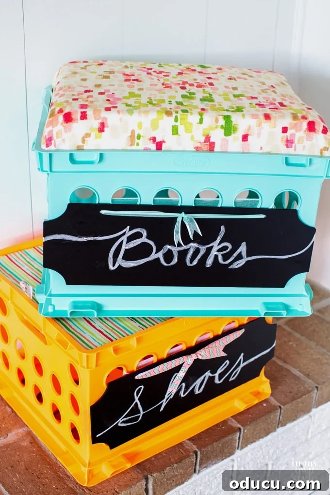 Uses for milk crates and plastic storage crates, including a simple fabric-covered seat
