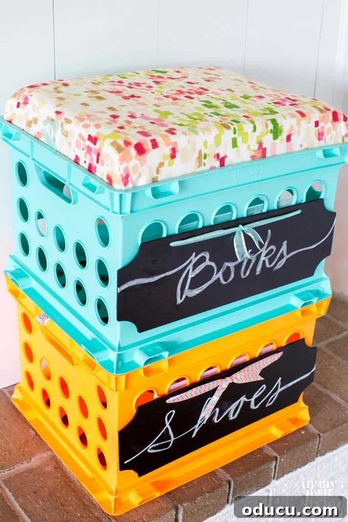 Stackable storage using plastic storage crates. Perfect for dorm room decor and space-saving.