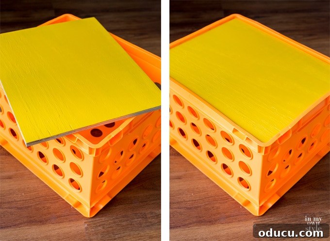 how to make a cover for a milk crate or storage crate for storage and seating, showing plywood dimensions
