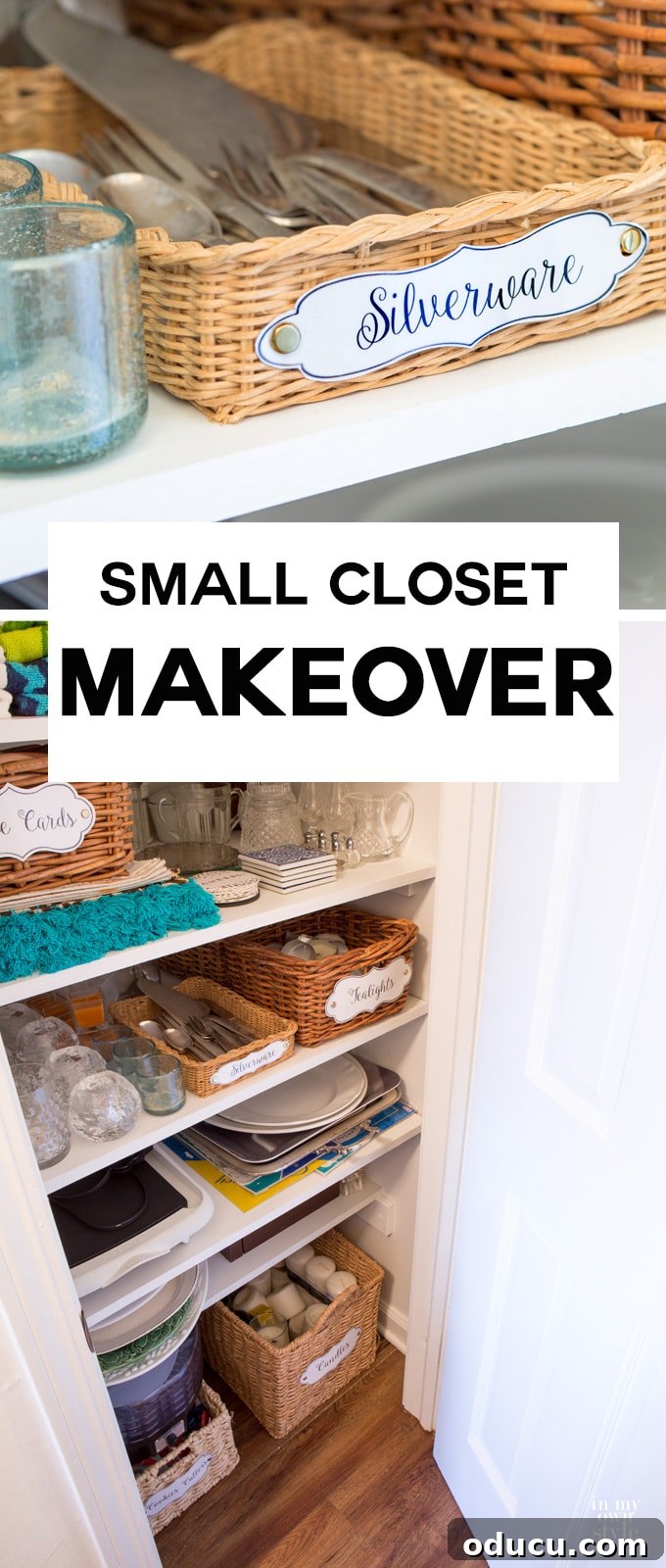 Small Closet, Mighty Makeover 20 Affordable tips to help you make the most of a small closet. I made this coat closet into my china closet. Check out how to use small baskets to help you stay organized, plus free printable labels to download and make to label your stuff.