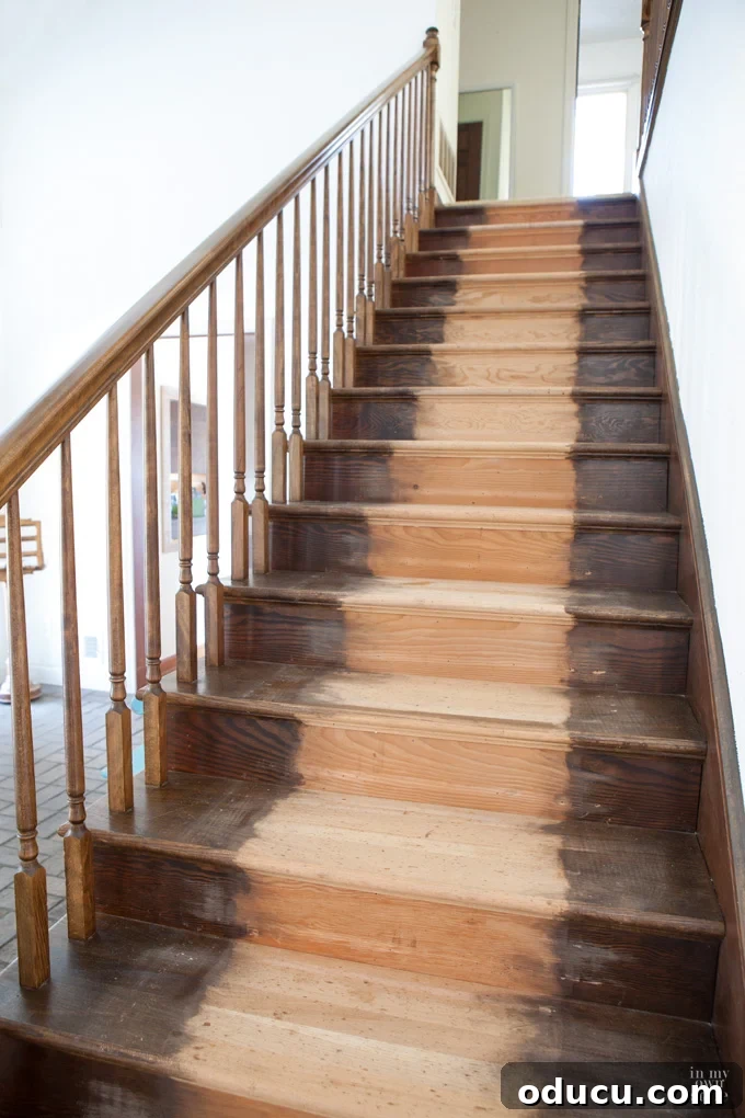 DIY Stair Riser Transformation 5 Stained wood foyer staircase makeover