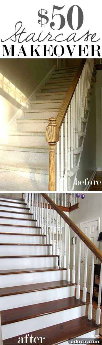 Staircase Makeover: Remove carpet, stain wood, paint risers for a stunning transformation. Final inspiration image of a $50 staircase makeover, showing before and after of carpet removal, wood staining, and riser painting. Step-by-step tutorial with product recommendations to ensure a successful DIY staircase transformation.