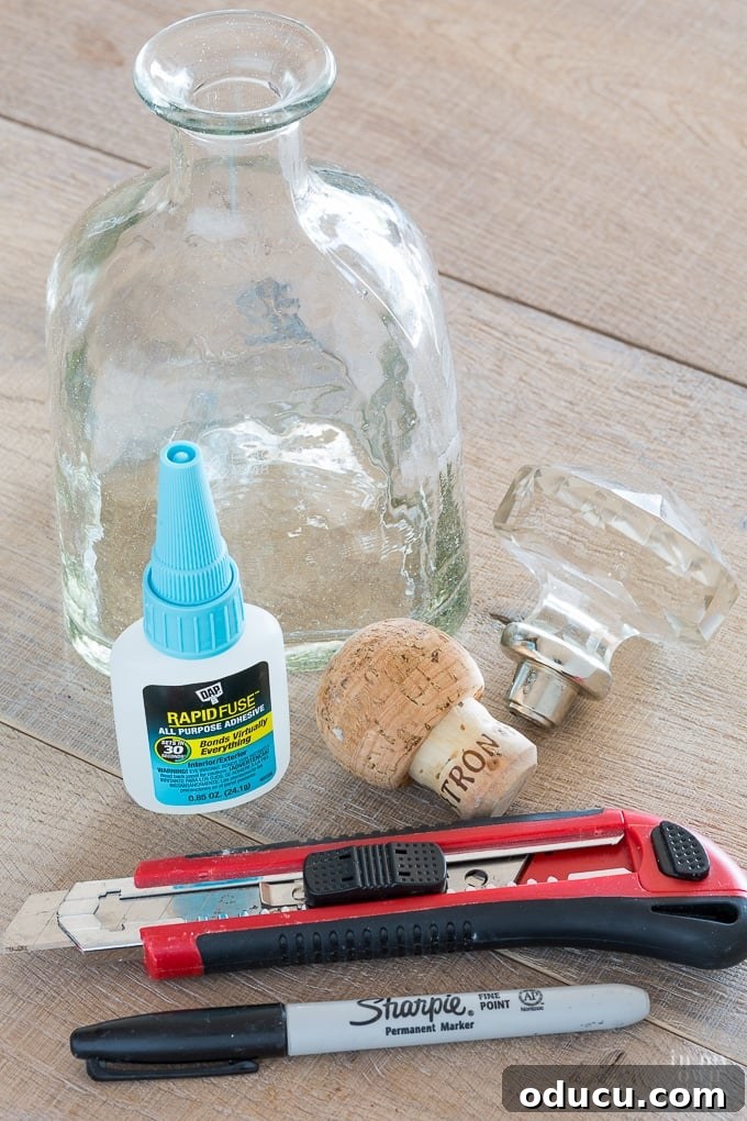 Doorknob Bottle Alchemy 4 Supplies needed to make a doorknob into a decorative bottle stopper