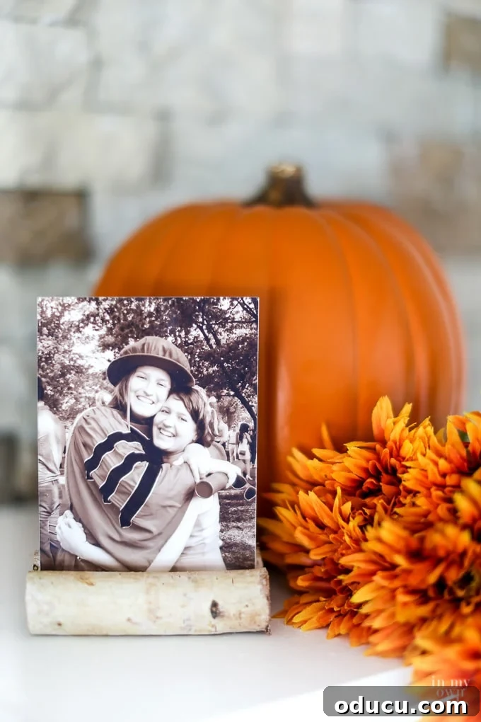 Easy to make fall photo frame with birch logs on a mantel decorated for the fall season.