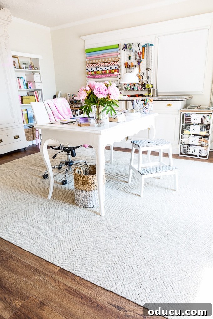 FLORing My Studioffice 12 FLOR modular rug tiles used in a craft room, demonstrating versatility