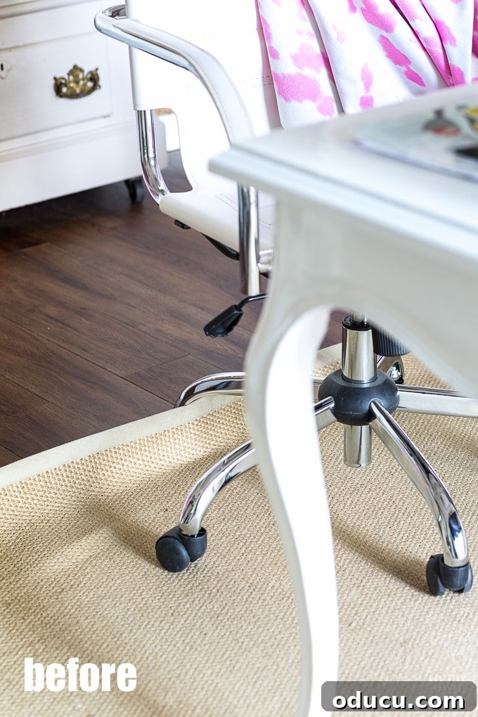 FLORing My Studioffice 3 How to choose the right size area rug using FLOR modular rug tiles, showing a desk chair getting caught on the rug's edge
