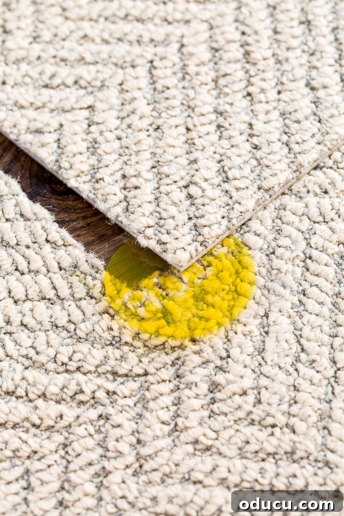 FLORing My Studioffice 8 How to install a FLOR area rug, showing a hand peeling a FLORdot