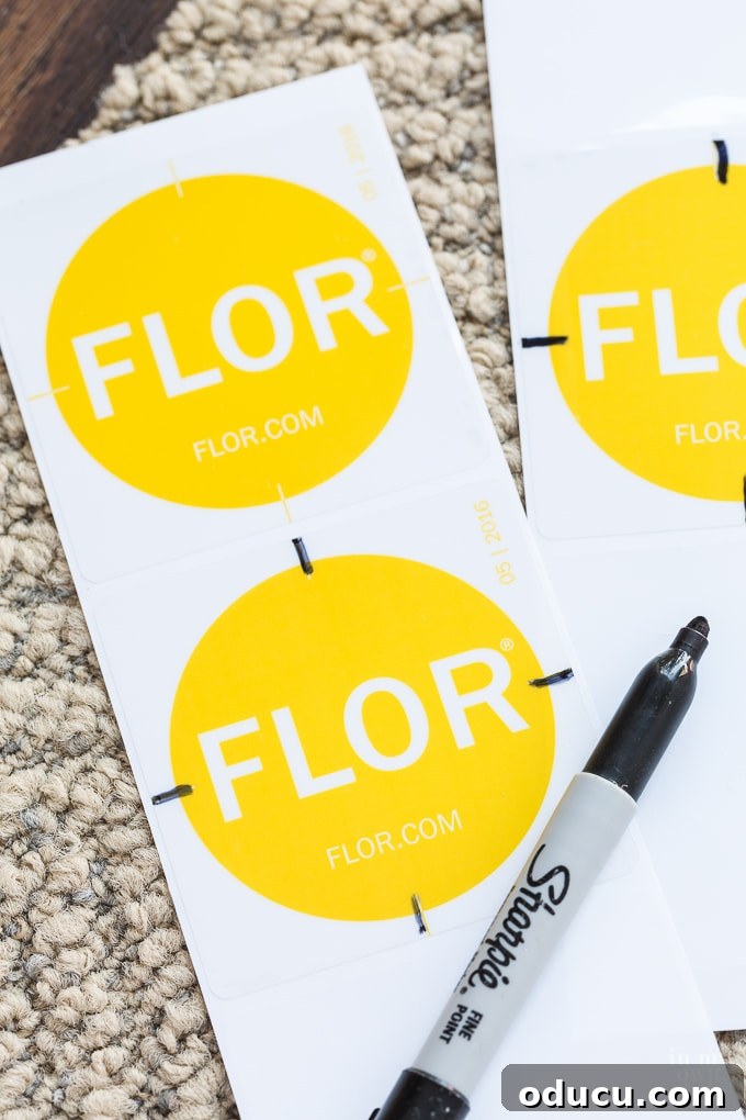 FLORing My Studioffice 10 Tip on how to make installing FLOR rug tiles even easier, highlighting tic marks with a marker