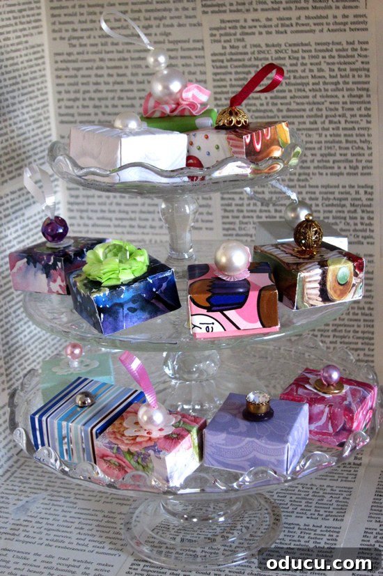 a collection of colorful and tiny Gift Boxes made using old greeting cards
