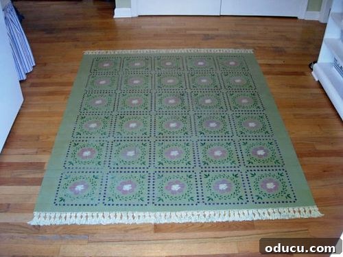 The Art of Stenciling a Rug onto Your Floor 4 Painted floor rug featuring intricate stencil design and border details