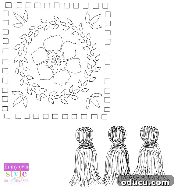 The Art of Stenciling a Rug onto Your Floor 7 Free printable stencil pattern for a painted rug on a hardwood floor, complete with painted tassels