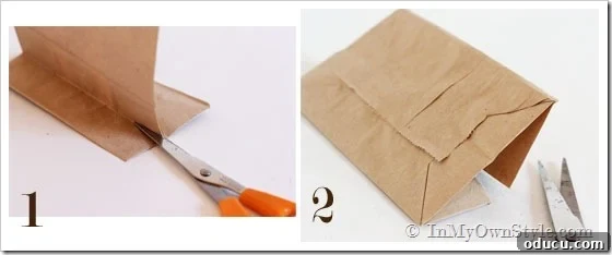 Autumnal Paper Pouch Place Cards 3 Step-by-step guide on how to make a place card using a paper bag, showing the initial cut.